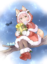 Rule 34 | 1girl, animal, animal ears, bird, blush, boots, branch, brown eyes, brown pantyhose, capelet, closed mouth, commentary request, dress, ears through headwear, fur-trimmed boots, fur-trimmed capelet, fur-trimmed dress, fur-trimmed sleeves, fur trim, gift, hair between eyes, holding, holding gift, hood, hood up, hooded capelet, long hair, long sleeves, original, pantyhose, pink hair, red capelet, red dress, red footwear, santa claus, shoe soles, sitting, smile, snowflakes, solo, tail, wataame27, wolf-chan (wataame27), wolf ears, wolf girl, wolf tail