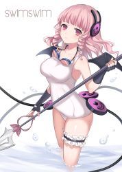 Rule 34 | 10s, 1girl, absurdres, animal print, armpits, bad id, bad pixiv id, bat wings, black gloves, black wings, blurry, blush, breasts, bridal garter, bunny headphones, cable, character name, closed mouth, collarbone, covered navel, cowboy shot, demon wings, depth of field, drill hair, expressionless, fingerless gloves, frills, from side, gloves, goggles, goggles around neck, headphones, highres, holding, holding weapon, in water, long hair, looking at viewer, mahou shoujo ikusei keikaku, mahou shoujo ikusei keikaku unmarked, medium breasts, mini wings, mogumi, naginata, old school swimsuit, one-piece swimsuit, pink eyes, pink hair, polearm, rabbit print, school swimsuit, sidelocks, simple background, solo, spear, standing, swim swim, swimsuit, twin drills, wading, water drop, weapon, white background, white one-piece swimsuit, white school swimsuit, wings