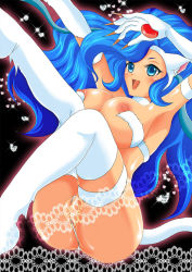 Rule 34 | animal ears, ass, blue eyes, blue hair, blush, breasts, capcom, cat ears, cat tail, felicia (vampire), large breasts, nipples, partially visible vulva, smile, tail, vampire (game)