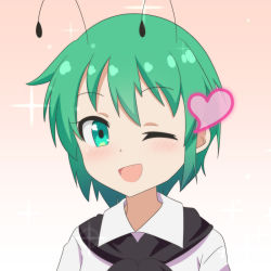 Rule 34 | 1girl, ;d, antennae, black cape, blush, cape, cato (monocatienus), commentary request, gradient background, green eyes, green hair, hair between eyes, heart, looking at viewer, one eye closed, open mouth, pink background, shirt, short hair, simple background, smile, solo, sparkle, touhou, upper body, white shirt, wing collar, wriggle nightbug