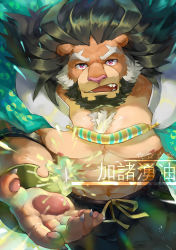 Rule 34 | 1boy, abs, absurdres, animal ears, arsalan (tokyo houkago summoners), bara, beard, bright pupils, bulge, facial hair, fighting stance, furry, furry male, green hair, highres, large pectorals, male focus, manly, mowang yu, muscular, nipples, pectorals, pink eyes, solo, thighs, tokyo houkago summoners, upper body, white hair