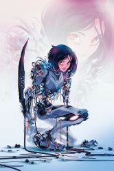 Rule 34 | 1girl, alita: battle angel, amputee, arm blade, black hair, broken, cable, commentary, cyborg, english commentary, facepaint, full body, alita, battle angel alita, inline skates, justin currie (chasingartwork), lips, looking at viewer, on one knee, red eyes, roller skates, short hair, skates, smile, solo, weapon, zoom layer