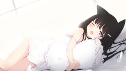 Rule 34 | 1girl, animal ears, backlighting, bare arms, bare shoulders, bed sheet, black hair, blush, cat ears, commentary request, day, dress, fang, feathers, feet out of frame, frilled pillow, frills, fufumi, hair ornament, hairclip, highres, long hair, lying, hugging object, on side, one eye closed, open mouth, original, pillow, pillow hug, purple eyes, signature, sleeveless, sleeveless dress, solo, sunlight, white dress, white feathers, window