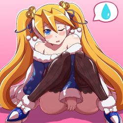 Rule 34 | 1girl, alternate hairstyle, bare shoulders, bell, black thighhighs, blonde hair, blue dress, blue eyes, blush, bow, ciel (mega man), collarbone, covering privates, detached sleeves, dress, flat chest, full body, hair bell, hair ornament, high heels, long hair, long sleeves, looking at viewer, mega man (series), mega man x (series), mega man x dive, mega man zero (series), nobuyu (77yusei), one eye closed, open mouth, shiny skin, simple background, snowflakes, solo, strapless, strapless dress, thighhighs, transparent background, twintails