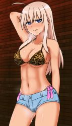 Rule 34 | 1girl, abs, animal print, arm up, bikini, blonde hair, blue eyes, blush, breasts, condom, groin, hachimitsu-b, hanna-justina marseille, heart, heart-shaped pupils, large breasts, leopard print, navel, short shorts, shorts, solo, strike witches, swimsuit, symbol-shaped pupils, toned, tongue, tongue out, used condom, world witches series