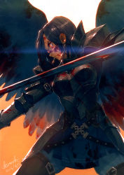 Rule 34 | 1girl, armor, armored dress, backlighting, black hair, black wings, blood, blood on clothes, blood on face, bloody weapon, bloody wings, breastplate, claymore (sword), cowboy shot, dated, fantasy, fighting stance, kionaoki, lens flare, long hair, original, pauldrons, profile, red eyes, serious, shoulder armor, signature, solo, strap, sword, weapon, wings