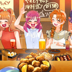 Rule 34 | 4girls, :d, aisaki emiru, alcohol, beer, beer mug, brown hair, brown shirt, camisole, closed eyes, collar, commentary, cup, drinking glass, earrings, egg (food), food, frilled collar, frilled sleeves, frills, holding, holding food, hugtto! precure, in-franchise crossover, index finger raised, indoors, izakaya, jewelry, kebab, kibou no chikara ~otona precure &#039;23~, layered clothes, long hair, medium hair, mishou mai, mug, multiple girls, natsuki rin, necklace, open mouth, orange hair, orange shirt, out of frame, plate, pointing, ponytail, potato, precure, purple hair, red hair, ribbed shirt, shirt, short hair, sleeveless, sleeveless shirt, smile, sparkle, ton (ton39342104), turtleneck, two side up, v-shaped eyes, watch, white camisole, white shirt, wristwatch, yumehara nozomi
