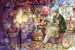Rule 34 | 1girl, bad id, bad pixiv id, book, braid, brooch, bug, butterfly, cardigan, hair ornament, highres, indoors, insect, jewelry, lamp, legs together, long skirt, mole, mole under eye, necklace, original, pitcher (container), room, roomscape, saiga tokihito, single braid, sitting, skirt, socks, solo, swept bangs, table, unworn jewelry, unworn necklace, vanity table, white hair