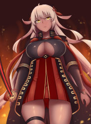 Rule 34 | 1girl, 1nilla&#039;, bow, breasts, cleavage, dark-skinned female, dark skin, embers, expressionless, fate/grand order, fate (series), hair bow, highres, holding, holding sword, holding weapon, katana, koha-ace, large breasts, long hair, looking at viewer, majin saber, okita souji (fate), okita souji (koha-ace), okita souji alter (fate), panties, red panties, solo, sword, thigh strap, thighs, underbust, underwear, very long hair, weapon, white hair, yellow eyes