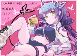 Rule 34 | 1girl, black skirt, black tube top, blunt bangs, boots, breasts, bubble tea, closed mouth, clothing cutout, commentary request, crop top, cup, dated, demon girl, demon horns, demon tail, expressionless, fishnet footwear, fishnets, foot out of frame, happy birthday, highres, holding, holding cup, horns, jacket, kojo anna, kojo anna (2nd costume), kuzuhana, lace trim, long hair, long sleeves, looking at viewer, medium breasts, midriff, nanashi inc., o3o, official alternate costume, pointy ears, purple hair, shoulder cutout, shrug (clothing), skirt, solo, strapless, tail, thigh strap, tube top, virtual youtuber, white footwear, white jacket, yellow eyes