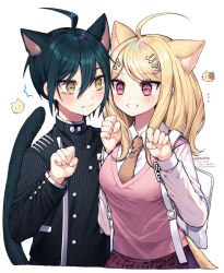 Rule 34 | 1boy, 1girl, ahoge, akamatsu kaede, animal ears, animal print, artist name, black hair, blonde hair, blush, breasts, brown eyes, cat day, cat ears, cat print, cat tail, collared shirt, dalrye v3, danganronpa (series), danganronpa v3: killing harmony, eighth note, fortissimo, grin, hair ornament, hand up, hands up, jacket, large breasts, long hair, long sleeves, looking at another, male focus, musical note, musical note hair ornament, necktie, paw pose, pink eyes, saihara shuichi, school uniform, shirt, short hair, skirt, smile, striped clothes, striped jacket, sweater vest, tail, teeth, twitter username, upper body