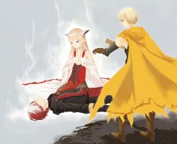 Rule 34 | 1girl, 2boys, absurdres, alex the sage in yellow, belt, black gloves, blonde hair, blue eyes, boots, braid, brown footwear, brown gloves, cape, death, detached sleeves, closed eyes, ezel the king of fire and iron, falia the queen of the mountains, gloves, headpiece, highres, hand grab, long hair, long sleeves, looking at another, lying, multicolored hair, multiple boys, on back, outdoors, pixiv fantasia, pixiv fantasia last saga, pointy ears, red eyes, red hair, sawa (textic), simple background, sleeveless, standing, twin braids, two-tone hair, cane, white hair, wide sleeves, yellow cape