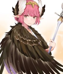 Rule 34 | black cola, brown background, brown wings, circe (fate), closed mouth, fate/grand order, fate (series), feathered wings, gradient background, green eyes, hair between eyes, head wings, headpiece, heart, heart-shaped pupils, highres, holding, holding staff, looking at viewer, looking to the side, pink hair, pointy ears, short hair, solo, staff, symbol-shaped pupils, white background, white wings, wings