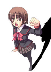 Rule 34 | 1boy, bob cut, bow, brown eyes, brown hair, clenched hand, crossdressing, furai, little busters!, male focus, naoe riki, pantyhose, pink bow, raised fist, school uniform, solo, trap