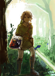Rule 34 | 1boy, belt, blonde hair, hat, holding, holding sword, holding weapon, hylian shield, link, male focus, master sword, nature, nintendo, pointy ears, shield, solo, sword, the legend of zelda, uichi, weapon