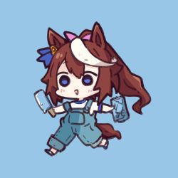 Rule 34 | 1girl, :&gt;, animal ears, blue background, blue eyes, blush, brown hair, chibi, commentary, food, full body, hair between eyes, hair ribbon, holding, holding food, horse ears, horse girl, horse tail, long hair, multicolored hair, nozo (hitomiz), overalls, pink ribbon, ponytail, popsicle, ribbon, running, shirt, short sleeves, simple background, smile, solo, streaked hair, symbol-only commentary, tail, tokai teio (umamusume), umamusume, very long hair, white hair, white shirt