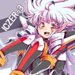 Rule 34 | 1girl, brown eyes, character name, curled up, drill hair, drill sidelocks, fang, hands under legs, iczer-3, iczer (series), iczer densetsu, long hair, looking at viewer, mengnaidu, open mouth, pointy ears, sidelocks, solo, very long hair, white hair