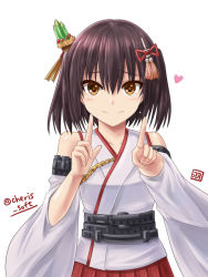 Rule 34 | 1girl, alternate costume, bare shoulders, black hair, blush, brown eyes, collarbone, cosplay, detached sleeves, hair ornament, haura akitoshi, heart, index finger raised, kadomatsu, kantai collection, koi dance, looking at viewer, nontraditional miko, pleated skirt, red skirt, remodel (kantai collection), sendai (kancolle), simple background, skirt, smile, solo, twitter username, two side up, white background, wide sleeves, yamashiro (kancolle), yamashiro (kancolle) (cosplay)