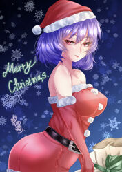 Rule 34 | 1girl, breasts, christmas, commentary request, dress, elbow gloves, fur-trimmed dress, fur-trimmed gloves, fur-trimmed headwear, fur trim, gloves, hat, highres, large breasts, looking at viewer, merry christmas, mononobe kanako, purple hair, red dress, red eyes, red gloves, red hat, santa dress, santa hat, short hair, snowflakes, solo, touhou, yasaka kanako
