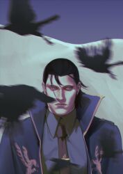 Rule 34 | 1boy, 9gu 84, absurdres, bird, black hair, blue background, blue coat, blue shirt, closed mouth, coat, collared coat, crow, highres, long hair, looking to the side, loose hair strand, male focus, mature male, necktie, ponytail, red necktie, scar, scar on chin, scar on face, scar on mouth, scar on nose, sergei dragunov, shirt, solo, tekken, upper body