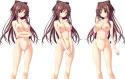 Rule 34 | 1girl, amatsutsumi, blush, breasts, brown hair, censored, chrono clock, crossed arms, hair ornament, hair ribbon, highres, interlocked fingers, jounouchi makoto, koku, large breasts, long hair, looking at viewer, multiple views, navel, nipples, nude, official art, open mouth, oribe kokoro, own hands together, red eyes, ribbon, smile, standing, transparent background, v arms
