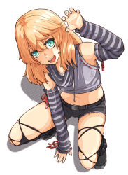 Rule 34 | 1boy, arm up, blonde hair, blue eyes, bridget (guilty gear), claw pose, crop top, detached sleeves, from above, guilty gear, guilty gear strive, hair between eyes, highres, looking at viewer, male focus, medium hair, midriff, open mouth, skindentation, solo, squatting, striped sleeves, sugajyun, teeth, trap, white background