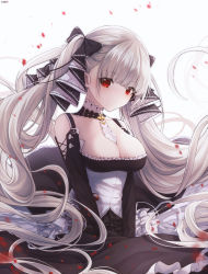 Rule 34 | 1girl, absurdres, azur lane, bare shoulders, between breasts, black dress, blush, breasts, cleavage, dress, earrings, floating hair, formidable (azur lane), frilled dress, frills, grey hair, hair ribbon, highres, inosia, jewelry, large breasts, long hair, long sleeves, looking at viewer, petals, red eyes, ribbon, simple background, solo, twintails, white background