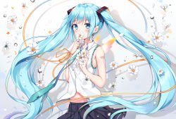 Rule 34 | 1girl, aqua hair, aqua necktie, artist name, bare arms, blue eyes, blush, covering own mouth, douya (233), flower, hair ornament, hatsune miku, holding, holding flower, long hair, looking at viewer, midriff, musical note, necktie, petals, pleated skirt, quaver, ribbon, shirt, signature, skirt, sleeveless, sleeveless shirt, solo, tattoo, twintails, very long hair, vocaloid, water drop, white shirt, wing collar, wrist ribbon, yellow ribbon