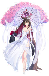 Rule 34 | 1girl, absurdres, animal ear fluff, animal ears, black hair, blue archive, blush, breasts, cleavage, colored inner hair, commentary, cryturtle, dress, flower, fox ears, fox girl, fox mask, fox tail, full body, hair flower, hair ornament, halo, highres, holding, holding umbrella, large breasts, long hair, long sleeves, looking at viewer, mask, multicolored hair, off-shoulder dress, off shoulder, oil-paper umbrella, parted lips, petals, pink flower, red flower, red hair, red ribbon, ribbon, side slit, simple background, slit pupils, smile, solo, tail, tail flower, tail ornament, thigh strap, tree, two-tone hair, umbrella, wakamo (blue archive), wakamo (swimsuit) (blue archive), white background, white dress, white flower, white footwear, white umbrella, wide sleeves, yellow eyes