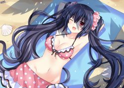 Rule 34 | 1girl, armpits, arms behind head, beach, bikini, bikini skirt, black hair, blush, breasts, collarbone, commentary, day, english commentary, excited, frilled bikini, frills, hair between eyes, hair ornament, hair scrunchie, happy, highres, lewdkuma, long hair, looking at viewer, lying, medium breasts, midriff, navel, neptune (series), noire (neptunia), on back, one eye closed, open mouth, outdoors, pink bikini, polka dot, polka dot bikini, red eyes, sand, scrunchie, shadow, shell, sidelocks, signature, smile, solo, swimsuit, tsundere, twintails