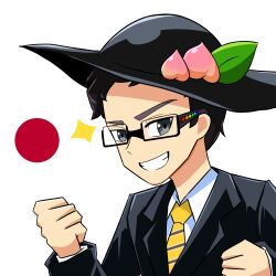 Rule 34 | 1boy, :d, black-framed eyewear, black headwear, black suit, clenched hands, clenched teeth, commentary, cosplay, english commentary, food, formal, fruit, fruit hat ornament, glasses, hands up, highres, hinanawi tenshi, hinanawi tenshi (cosplay), japanese flag, looking at viewer, male focus, necktie, open mouth, peach, semi-rimless eyewear, smile, solo, sparkle, suit, teeth, touhou, under-rim eyewear, xen0moonz, yellow necktie