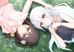 Rule 34 | 2girls, absurdres, arm up, bare arms, bare shoulders, black hair, black shirt, blue nails, closed mouth, collared shirt, commentary request, copyright request, dress shirt, flower, grey hair, hair between eyes, highres, hijouguti, holding, holding flower, long hair, lying, multiple girls, nail polish, on back, on grass, on side, petals, pink shirt, red eyes, red nails, red skirt, shirt, skirt, sleeveless, sleeveless shirt, smile, very long hair, virtual youtuber, white flower