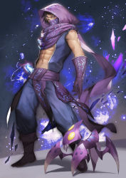 Rule 34 | 1boy, abs, artist request, blue eyes, brown hair, clothes, full body, gloves, league of legends, looking at viewer, male focus, malzahar, muscular, navel, pants, scarf, shoes, short hair