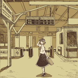 Rule 34 | 1girl, adjusting clothes, adjusting headwear, bow, hat, hat bow, looking back, maruhachi (maruhachi record), monochrome, necktie, ribbon, short hair, skirt, smile, solo, suitcase, tactile paving, touhou, train station, usami renko