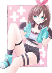 Rule 34 | 1girl, bad id, bad pixiv id, black gloves, black shorts, black socks, blue eyes, blue footwear, blue jacket, border, bow, bow hairband, brown hair, closed mouth, collarbone, fingerless gloves, gloves, hair between eyes, hair bow, hairband, headphones, headphones around neck, hondahiro, jacket, kizuna ai, kizuna ai (a.i. games), kizuna ai inc., long hair, looking at viewer, midriff, multicolored hair, navel, open clothes, open jacket, outside border, pink bow, pink hairband, short shorts, short sleeves, shorts, sitting, smile, socks, solo, stomach, streaked hair, thigh strap, virtual youtuber, white border