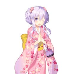 Rule 34 | 1girl, cowboy shot, fang, floral print, flower, furisode, hair flower, hair ornament, japanese clothes, kimono, light purple hair, long sleeves, looking at viewer, miss barbara, obi, official art, one eye closed, open mouth, own hands together, pointy ears, purple eyes, sash, sidelocks, solo, transparent background, uchi no hime-sama ga ichiban kawaii, updo, wide sleeves