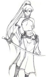 Rule 34 | 1girl, china dress, chinese clothes, dao (weapon), dress, fire emblem, fire emblem: the blazing blade, gloves, green hair, greyscale, high ponytail, long hair, lyn (fire emblem), monochrome, nintendo, ponytail, solo, sword, weapon