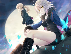 Rule 34 | 2girls, ahoge, artoria pendragon (all), artoria pendragon (fate), belt, black dress, black footwear, black hoodie, black ribbon, black shorts, blonde hair, blue jacket, boots, breasts, bug, butterfly, closed mouth, dress, dutch angle, fate/grand order, fate (series), full body, fur-trimmed jacket, fur-trimmed sleeves, fur trim, hair between eyes, hair ribbon, high heel boots, high heels, hood, hood down, hoodie, insect, jacket, jeanne d&#039;arc (fate), jeanne d&#039;arc alter (fate), jeanne d&#039;arc alter (ver. shinjuku 1999) (fate), jewelry, knee boots, long hair, long sleeves, looking at viewer, looking back, low ponytail, medium breasts, multiple girls, official alternate costume, open clothes, open jacket, outdoors, pendant, ponytail, ribbon, rio.lw, saber alter, saber alter (ver. shinjuku 1999) (fate), short dress, short hair, short shorts, shorts, silver hair, sitting, standing, thighs, white belt, yellow eyes