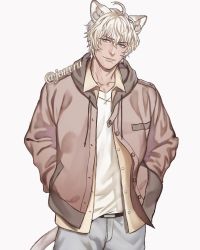 Rule 34 | 1boy, animal ears, bara, cat ears, closed mouth, commentary, highres, jacket, jouvru, long sleeves, looking at viewer, male focus, mature male, muscular, muscular male, open clothes, open jacket, original, shirt, short hair, smile, solo, white shirt