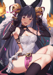 Rule 34 | 1girl, :d, animal ears, backless dress, backless outfit, bare shoulders, bell, black gloves, black hair, black socks, blush, breasts, cleavage, commentary request, dress, elbow gloves, erune, fang, fox ears, fox shadow puppet, fox tail, fur trim, gloves, granblue fantasy, hair bell, hair ornament, hands up, jingle bell, kneehighs, long hair, looking at viewer, medium breasts, open mouth, red eyes, revision, short dress, sitting, smile, socks, solo, suzuame yatsumi, tail, very long hair, white dress, yuel (granblue fantasy)