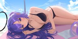 1girl alternate_costume beach bikini black_bikini black_halo blue_archive breasts collarbone halo hido88 highres large_breasts looking_at_viewer lying mechanical_halo navel on_side purple_eyes purple_hair solo swimsuit yuuka_(blue_archive)