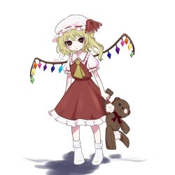 Rule 34 | 1girl, absurdres, ascot, blonde hair, crystal, flandre scarlet, full body, hat, hat ribbon, highres, moaixiang59173, mob cap, multicolored wings, puffy short sleeves, puffy sleeves, red eyes, red skirt, red vest, ribbon, short sleeves, side ponytail, skirt, skirt set, solo, stuffed animal, stuffed toy, teddy bear, touhou, vest, white background, white footwear, white hat, wings, yellow ascot
