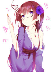 Rule 34 | 1girl, absurdres, ahoge, bare shoulders, blush, breasts, brown hair, cleavage, closed mouth, collarbone, heart, heart ahoge, highres, huaimeng, long hair, long sleeves, looking at viewer, medium breasts, original, purple eyes, simple background, solo, upper body, white background