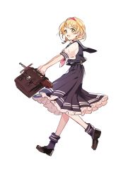Rule 34 | 1girl, bag, blonde hair, blouse, blush, bobby socks, bow, commentary request, cunonn, djeeta (granblue fantasy), frilled skirt, frills, full body, granblue fantasy, hairband, holding, holding bag, loafers, looking at viewer, looking to the side, open mouth, pink bow, pink neckwear, pleated skirt, puffy short sleeves, puffy sleeves, sailor collar, school bag, school uniform, serafuku, sheath, sheathed, shirt, shoes, short hair, short sleeves, skirt, smile, socks, solo, sword, weapon, white background