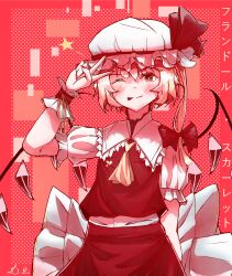 Rule 34 | absurdres, blonde hair, bonnet, bow, bowtie, chadntartist, character name, collar, colored skin, crystal, fingernails, flandre scarlet, frills, hair bow, hat, heart, heart-shaped pupils, highres, mob cap, multicolored background, nail polish, necktie, non-web source, one eye closed, puffy short sleeves, puffy sleeves, red nails, red ribbon, red shirt, red skirt, ribbon, self-upload, shadow, shirt, short sleeves, signature, simple background, skirt, star (symbol), symbol-shaped pupils, tongue, tongue out, touhou, white hat, white skin, wings, yellow eyes