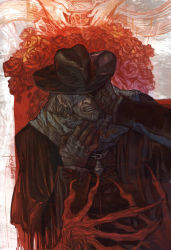 Rule 34 | 1boy, bandages, beard, bloodborne, bouquet, claws, clenched teeth, facial hair, father gascoigne, flower, from software, grey hair, hat, highres, hug, hunter, jacket, jewelry, long hair, male focus, monster, music box, nishiki areku, rose, scarf, signature, solo, teeth
