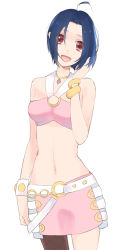 Rule 34 | 1girl, :d, ahoge, bad id, bad pixiv id, belt, blue hair, bracelet, chiri (ch!), cool &amp; sexy (idolmaster), idolmaster, idolmaster (classic), jewelry, midriff, miura azusa, navel, necklace, open mouth, red eyes, short hair, skirt, smile, solo