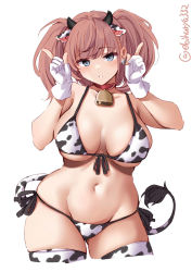 Rule 34 | 1girl, animal costume, animal ears, animal print, atlanta (kancolle), bell, bikini, blush, breasts, brown hair, chinese zodiac, cleavage, collar, collarbone, cow costume, cow ears, cow girl, cow horns, cow print, cow print bikini, cow tail, cowbell, cowboy shot, earrings, ebifurya, fake horns, front-tie bikini top, front-tie top, gloves, grey eyes, highres, horns, jewelry, kantai collection, large breasts, long hair, looking at viewer, navel, neck bell, one-hour drawing challenge, open mouth, partially fingerless gloves, print bikini, print thighhighs, side-tie bikini bottom, simple background, solo, star (symbol), star earrings, string bikini, swimsuit, tail, thighhighs, twintails, two side up, white background, wide hips, year of the ox