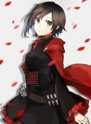 Rule 34 | 1girl, black eyes, black hair, buzz (moi), cape, petals, ruby rose, rwby, solo, white background