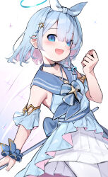 Rule 34 | 1girl, absurdres, arona (blue archive), black choker, blue archive, blue dress, blue eyes, blue hair, blue halo, blue scrunchie, blush, braid, choker, colored inner hair, cowboy shot, dress, halo, highres, looking at viewer, multicolored hair, official alternate costume, open mouth, pantyhose, pink hair, scrunchie, short hair, simple background, single braid, smile, solo, somray, white background, white pantyhose, wrist scrunchie